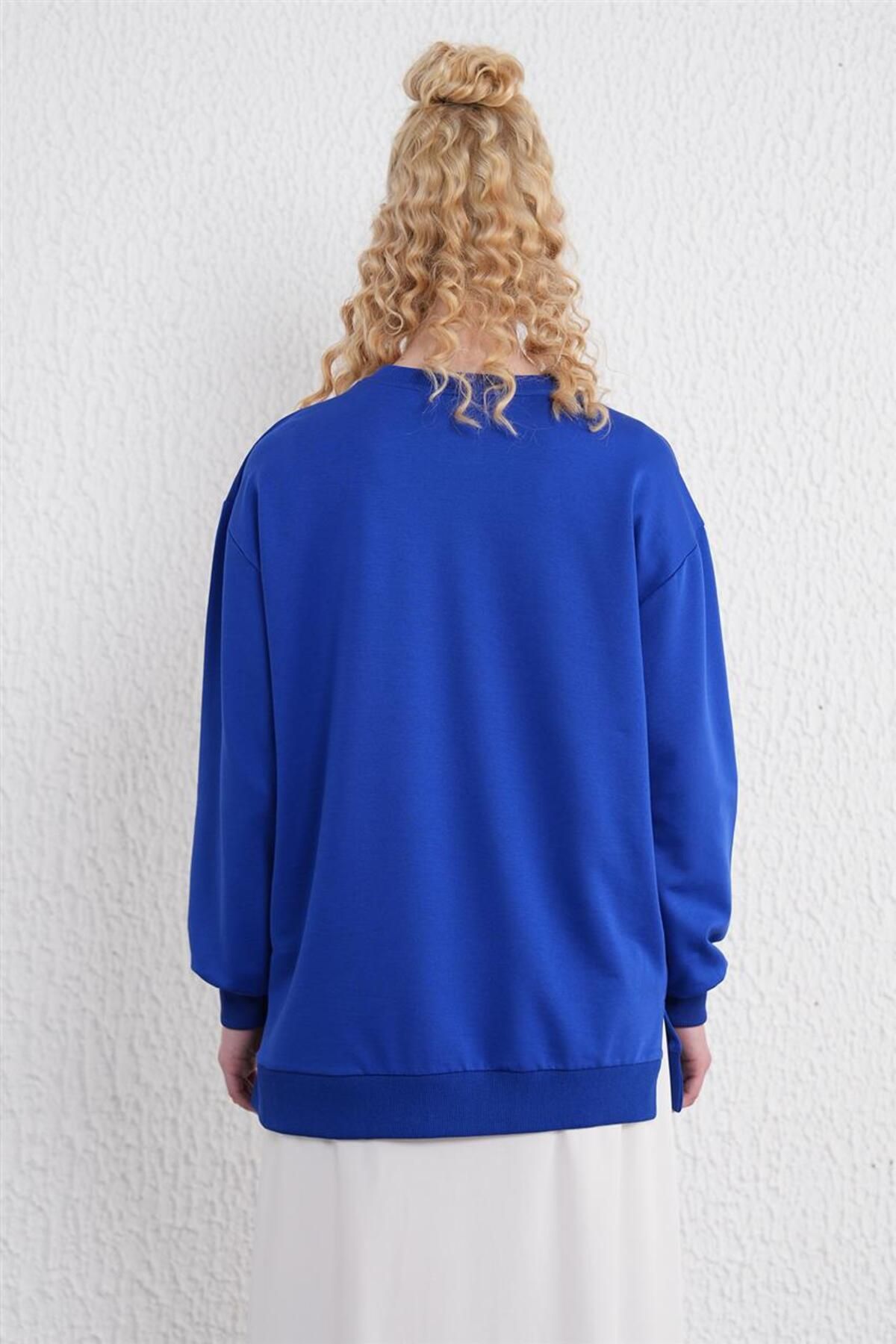 İki İplik Basic Saks Sweatshirt