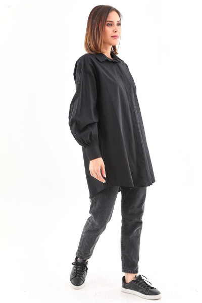 Manşetleri Pileli Siyah Oversize Gömlek Manşetleri Pileli Siyah Oversize Gömlek