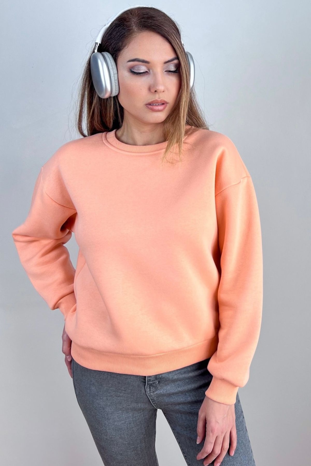 Kadın Cozy İçi Polarlı Somon Basic Bisiklet Yaka Pamuklu Kalın Örme Sweatshirt