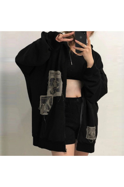 Punk Distressed Kalın Hırka - Siyah Baskılı Kışlık Oversize Kapüşonlu Fermuarlı Cepli Hırka Punk Distressed Kalın Hırka - Siyah Baskılı Kışlık Oversize Kapüşonlu Fermuarlı Cepli Hırka