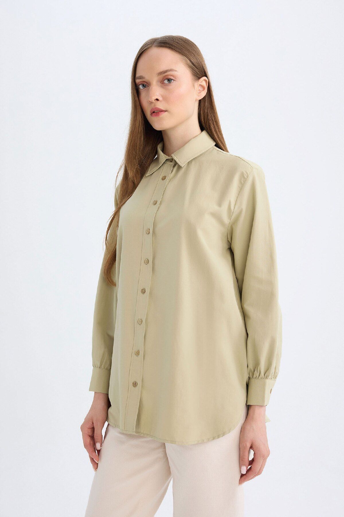 Relax Fit Gömlek Yaka Poplin Basic Düz Uzun Kollu Gömlek Tunik D4159ax24au