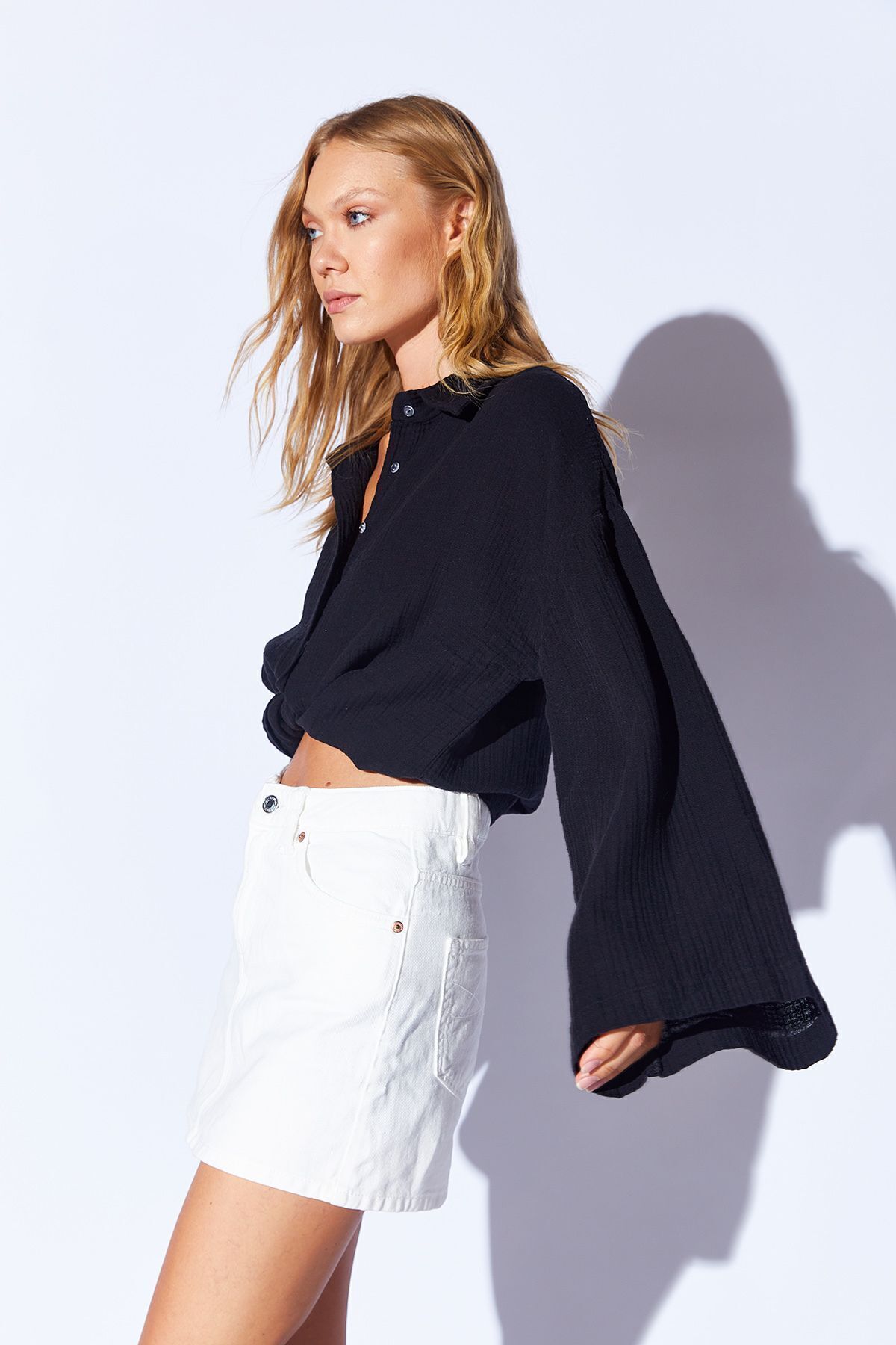 Siyah Kolları Salaş Yıkamalı Müslin Oversize Rahat Kalıp Kadın Basic Gömlek| Mks166881-01-6881 Siyah Kolları Salaş Yıkamalı Müslin Oversize Rahat Kalıp Kadın Basic Gömlek| Mks166881-01-6881