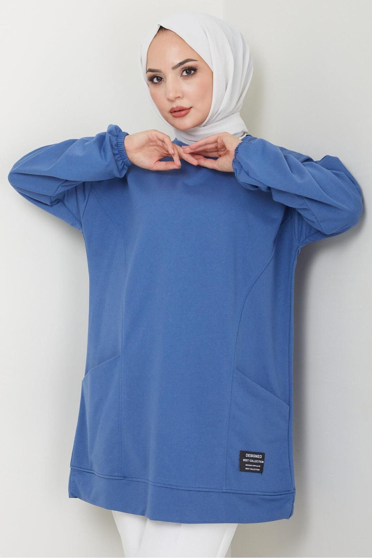Torba Cepli Bisiklet Yakalı Sweatshirt Tunik İndigo HM2509 Torba Cepli Bisiklet Yakalı Sweatshirt Tunik İndigo HM2509