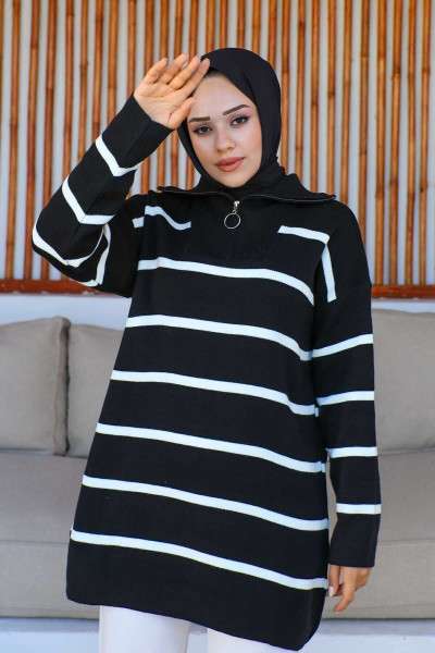 Siyah Yaka Fermuarlı Çizgili Triko Tunik Siyah Yaka Fermuarlı Çizgili Triko Tunik
