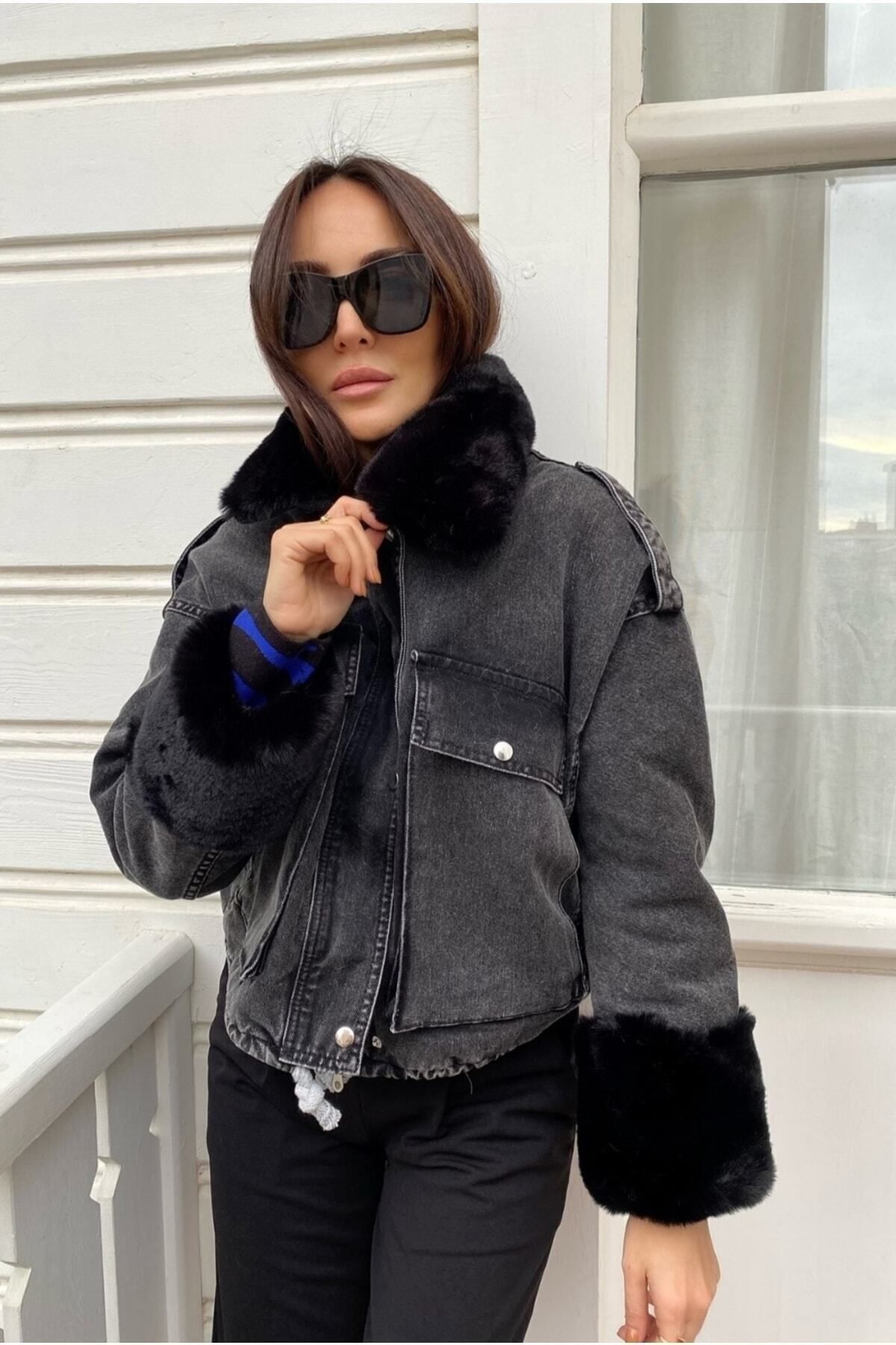 Kadın Siyah Kürklü Denim Kadın Mont Kadın Siyah Kürklü Denim Kadın Mont