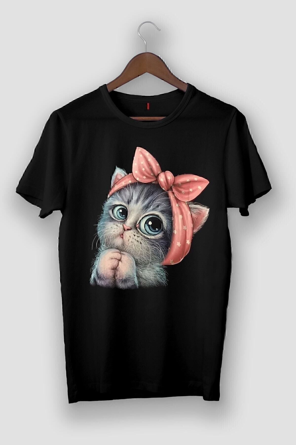 Kadın Siyah Sevimli Minik Kedi Baskılı T-shirt Kadın Siyah Sevimli Minik Kedi Baskılı T-shirt