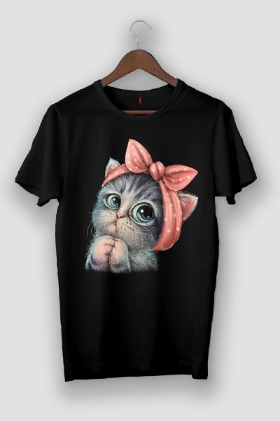 Kadın Siyah Sevimli Minik Kedi Baskılı T-shirt Kadın Siyah Sevimli Minik Kedi Baskılı T-shirt