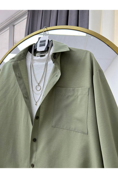 Oversize Balonkol Haki Yeşil Kadın Gömlek 010