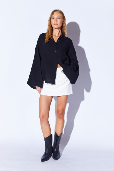 Siyah Kolları Salaş Yıkamalı Müslin Oversize Rahat Kalıp Kadın Basic Gömlek| Mks166881-01-6881 Siyah Kolları Salaş Yıkamalı Müslin Oversize Rahat Kalıp Kadın Basic Gömlek| Mks166881-01-6881