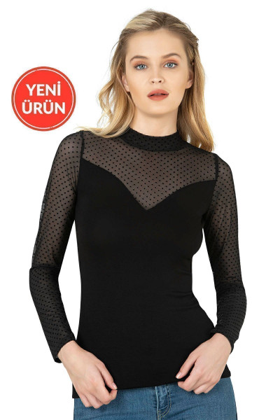 Özkan 26824 Kadın Ring Viskon Flok Tül Detaylı Uzun Kollu Esnek Yumuşak Bluz Tişört Badi Özkan 26824 Kadın Ring Viskon Flok Tül Detaylı Uzun Kollu Esnek Yumuşak Bluz Tişört Badi