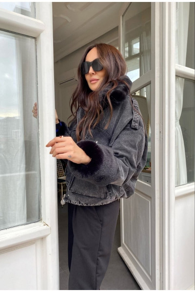 Kadın Siyah Kürklü Denim Kadın Mont Kadın Siyah Kürklü Denim Kadın Mont