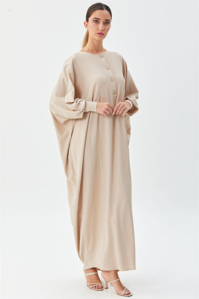 Yarım Düğme Kapamalı Yarasa Kol Bej Elbise Yarım Düğme Kapamalı Yarasa Kol Bej Elbise