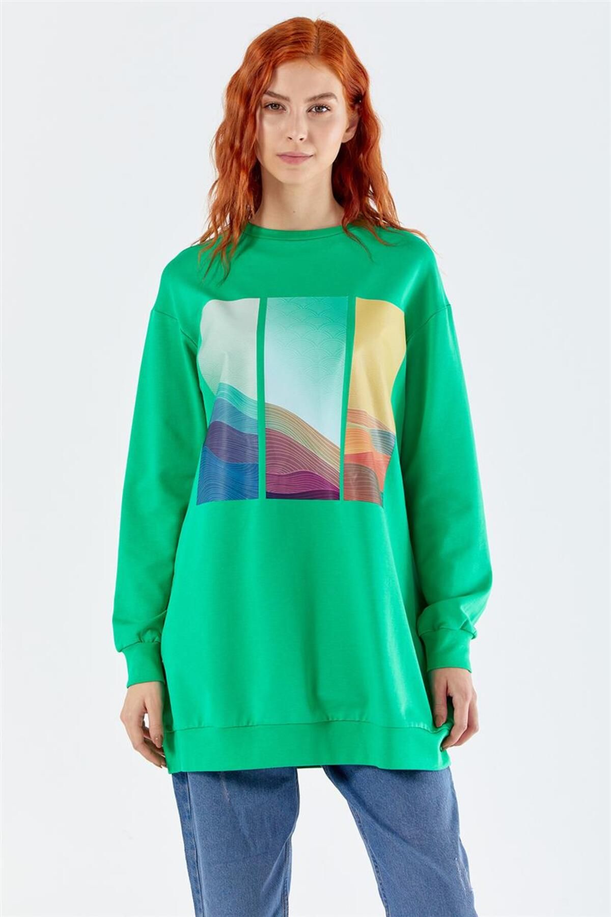 İki Iplik Resim Baskılı Benetton Yeşil Sweatshirt