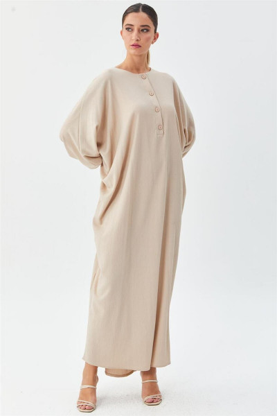 Yarım Düğme Kapamalı Yarasa Kol Bej Elbise Yarım Düğme Kapamalı Yarasa Kol Bej Elbise