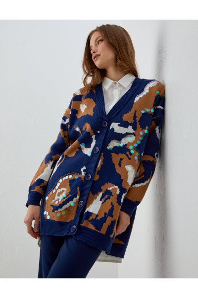 Pullu Kamuflaj Desen Hırka İndigo Pullu Kamuflaj Desen Hırka İndigo