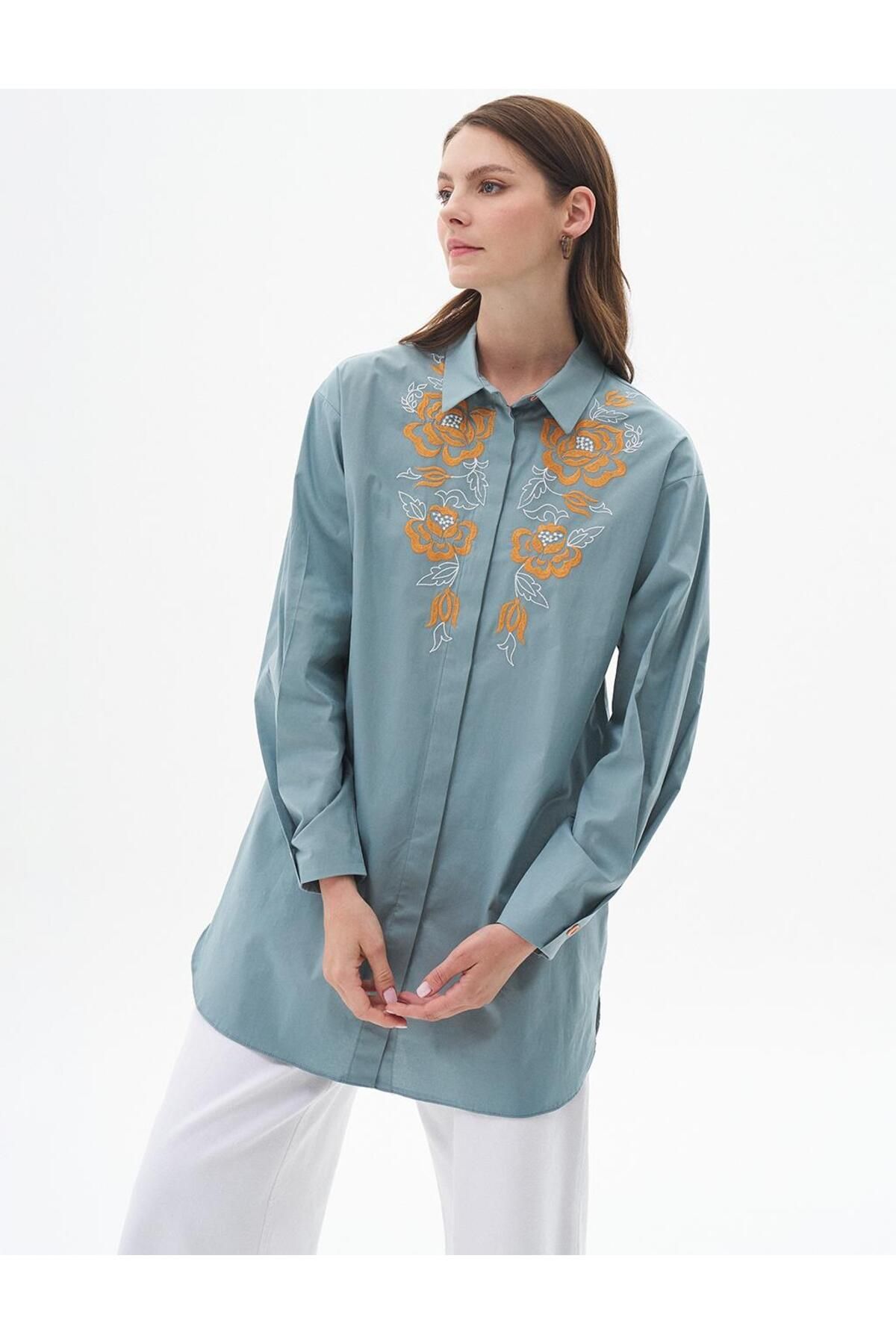 Nakış Işlemeli Poplin Tunik Mint