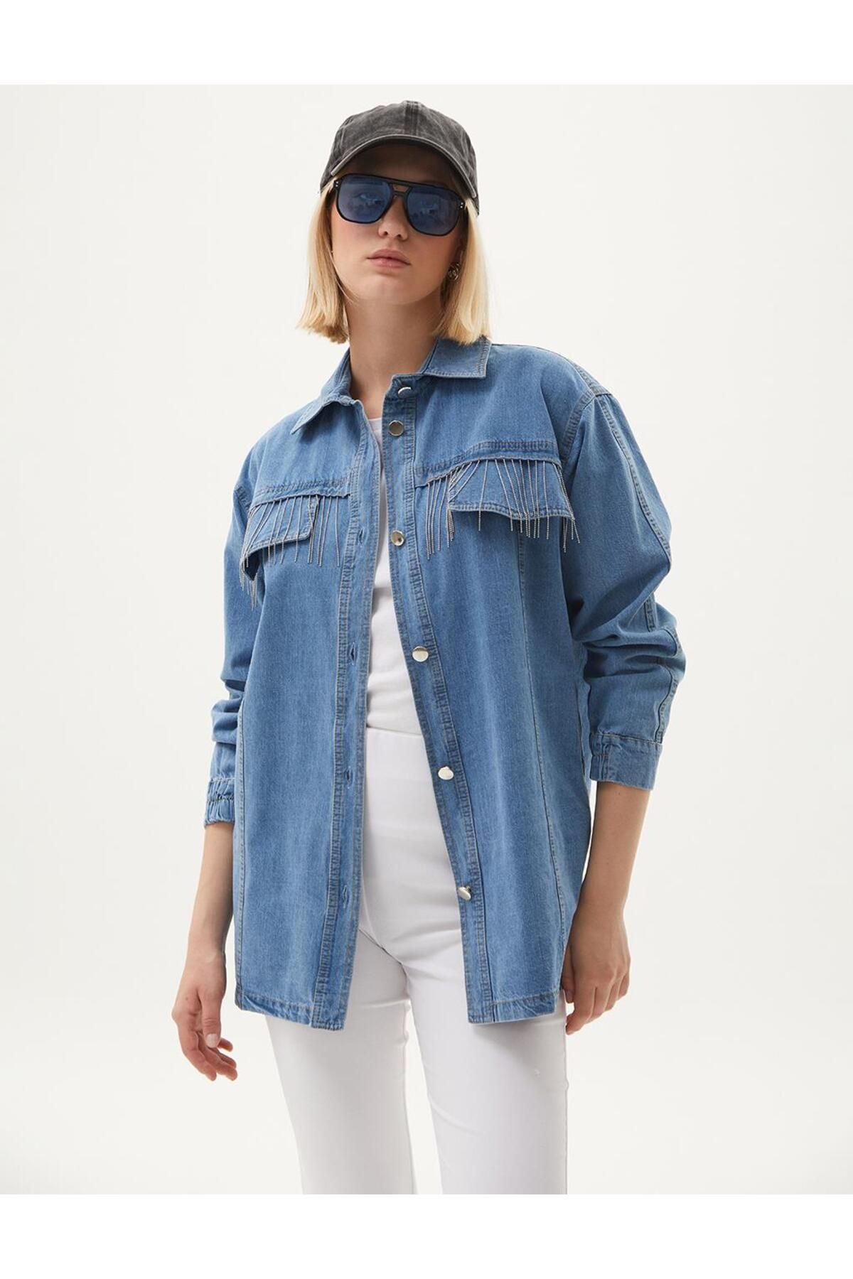 Püskül Detaylı Denim Ceket Mavi Püskül Detaylı Denim Ceket Mavi