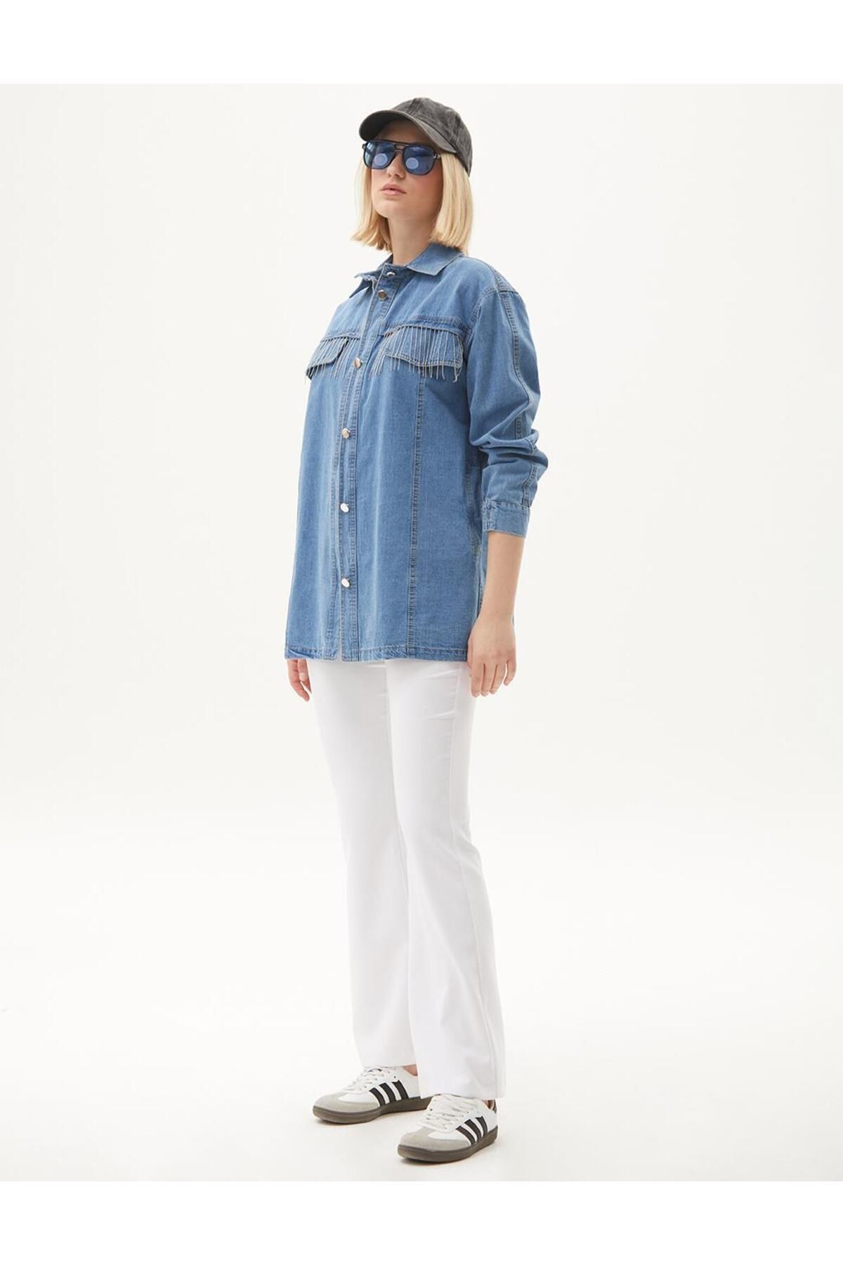 Püskül Detaylı Denim Ceket Mavi Püskül Detaylı Denim Ceket Mavi