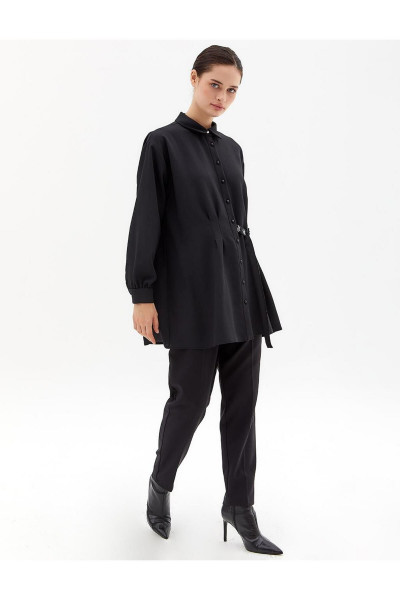 Kaz Ayağı Nakışlı Düğmeli Gömlek Siyah Kaz Ayağı Nakışlı Düğmeli Gömlek Siyah