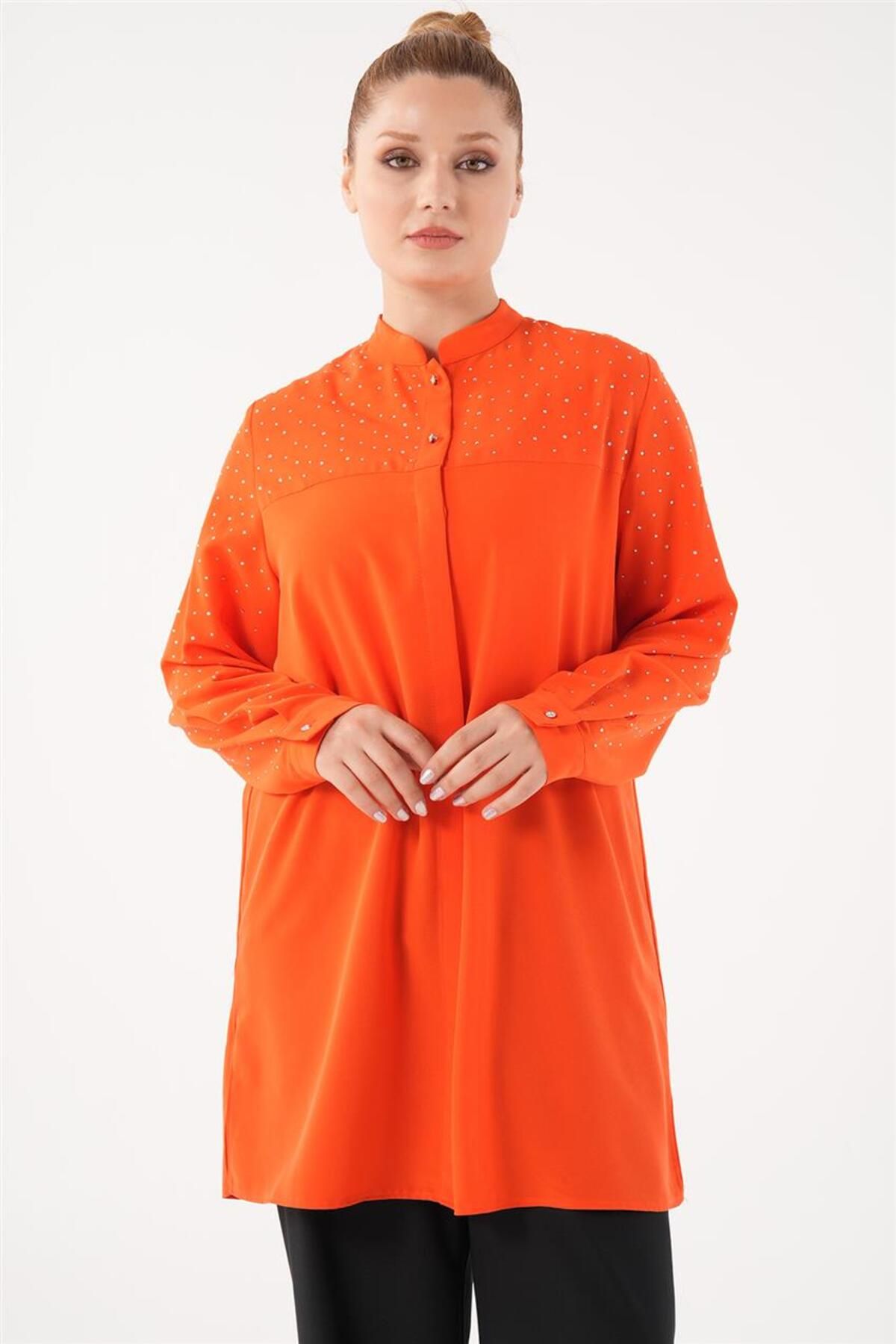 Yapıştırma Taşlı Mercan Tunik Yapıştırma Taşlı Mercan Tunik