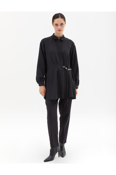 Kaz Ayağı Nakışlı Düğmeli Gömlek Siyah Kaz Ayağı Nakışlı Düğmeli Gömlek Siyah