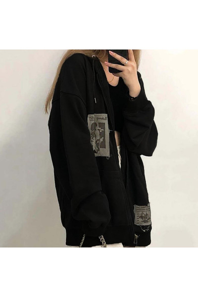Punk Distressed Kalın Hırka - Siyah Baskılı Kışlık Oversize Kapüşonlu Fermuarlı Cepli Hırka Punk Distressed Kalın Hırka - Siyah Baskılı Kışlık Oversize Kapüşonlu Fermuarlı Cepli Hırka