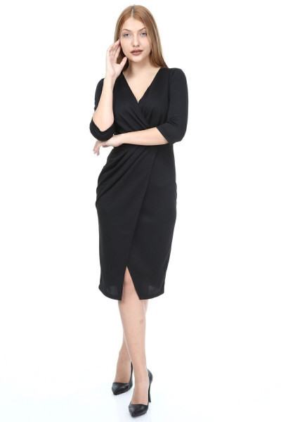 Kadın Siyah Pileli Mila Kumaş Kruvaze Elbise Kadın Siyah Pileli Mila Kumaş Kruvaze Elbise