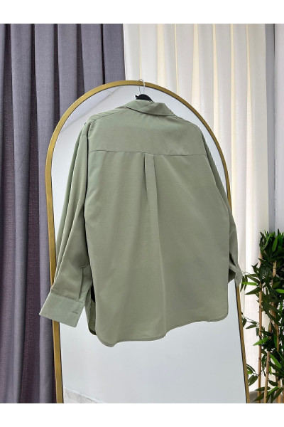 Oversize Balonkol Haki Yeşil Kadın Gömlek 010