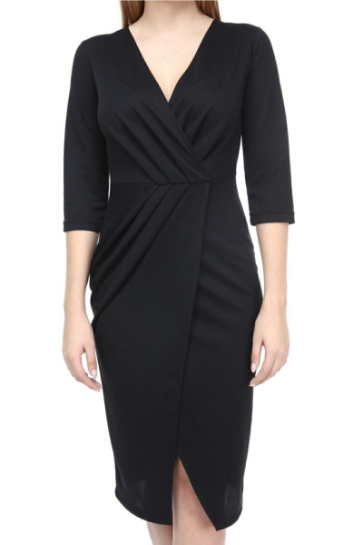 Kadın Siyah Pileli Mila Kumaş Kruvaze Elbise Kadın Siyah Pileli Mila Kumaş Kruvaze Elbise