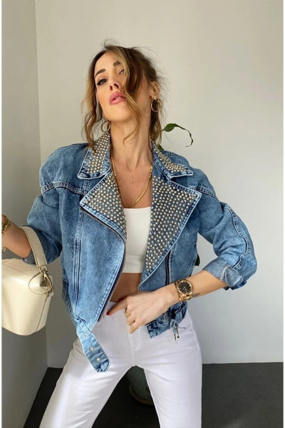 Yakası Taşlı Çapraz Kapama Biker Kot Ceket Yakası Taşlı Çapraz Kapama Biker Kot Ceket