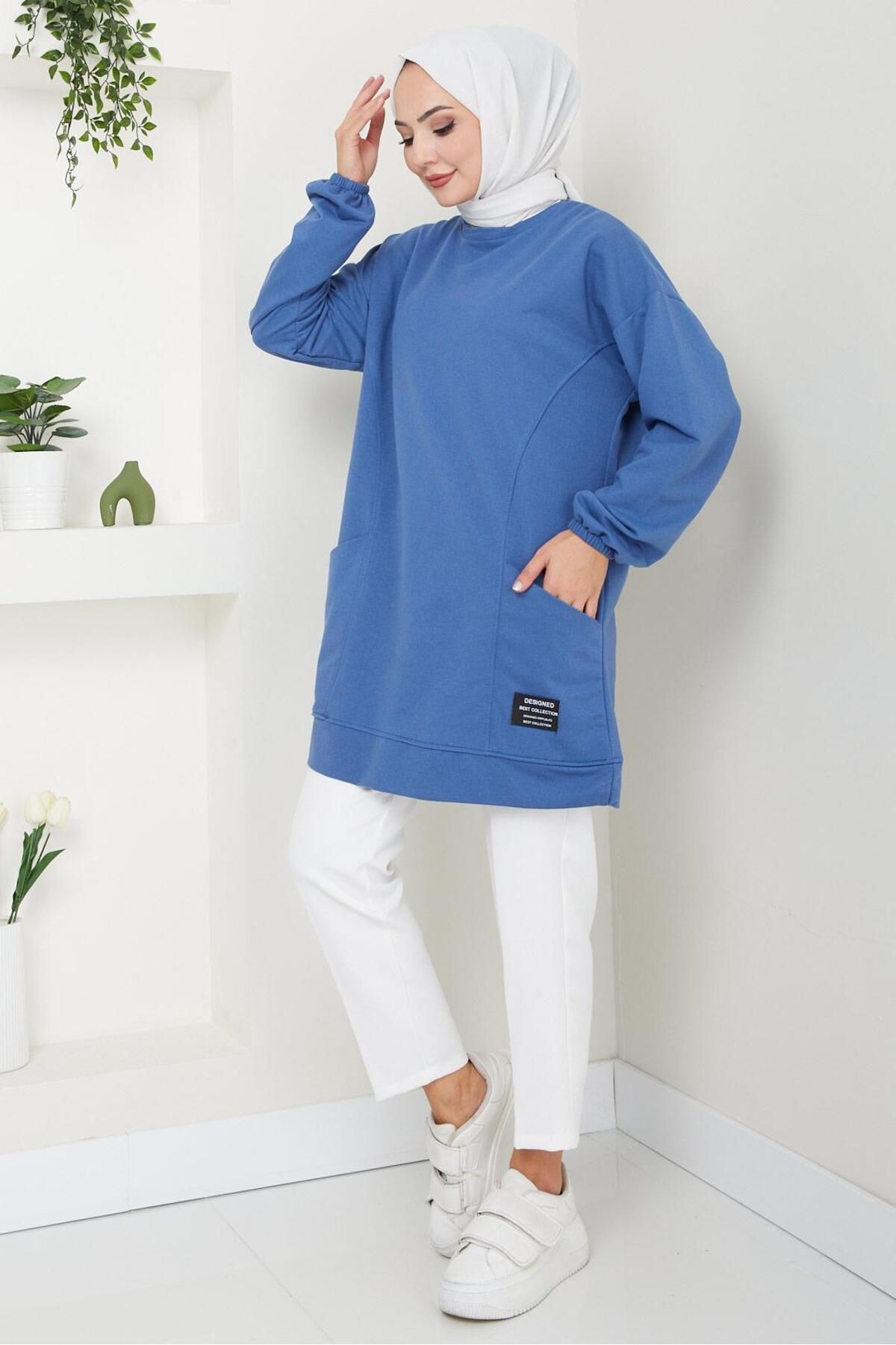 Torba Cepli Bisiklet Yakalı Sweatshirt Tunik İndigo HM2509 Torba Cepli Bisiklet Yakalı Sweatshirt Tunik İndigo HM2509
