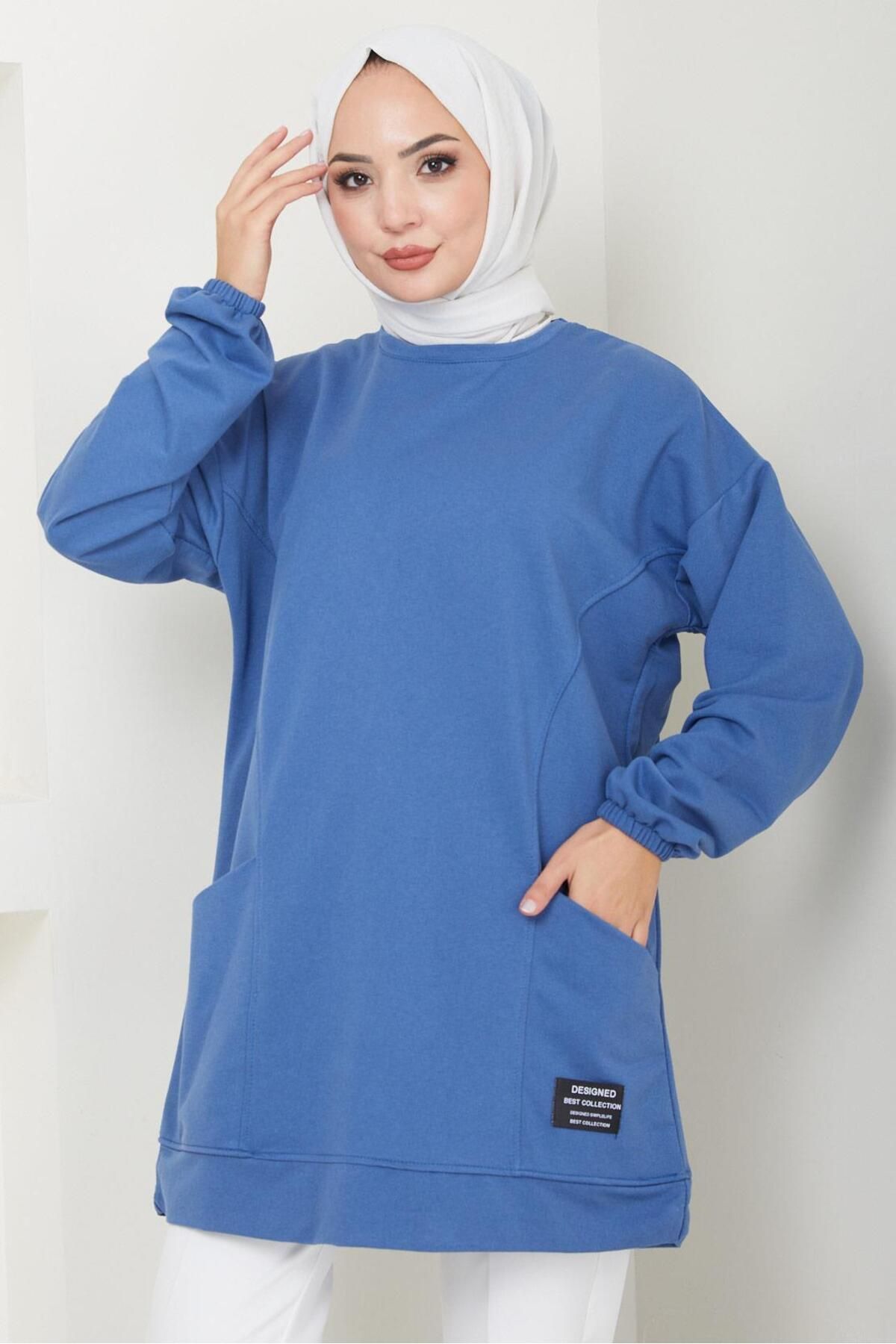 Torba Cepli Bisiklet Yakalı Sweatshirt Tunik İndigo HM2509 Torba Cepli Bisiklet Yakalı Sweatshirt Tunik İndigo HM2509
