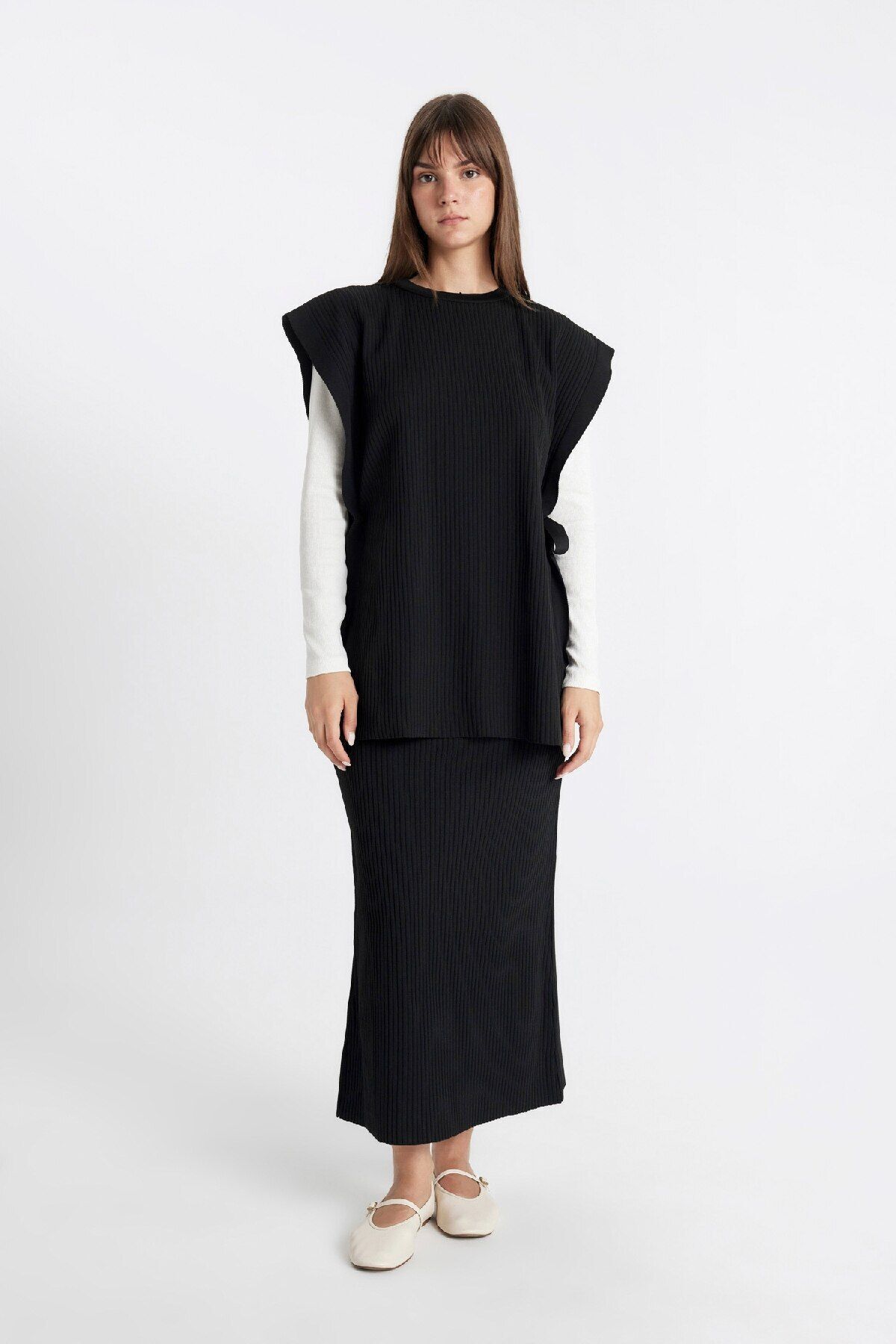Regular Fit Basic Düz Maxi Siyah Triko Etek A1314ax24au