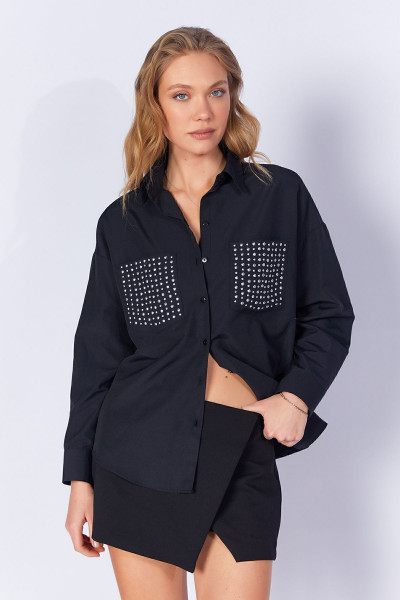 Siyah Cebi Taş Detaylı Oversize Kadın Poplin Gömlek| Ek1000168772-8772 Siyah Cebi Taş Detaylı Oversize Kadın Poplin Gömlek| Ek1000168772-8772
