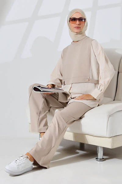 Kadın Taş Rengi Mevsimlik Penye Alt Üst Spor ve Rahat Tesettür Takım