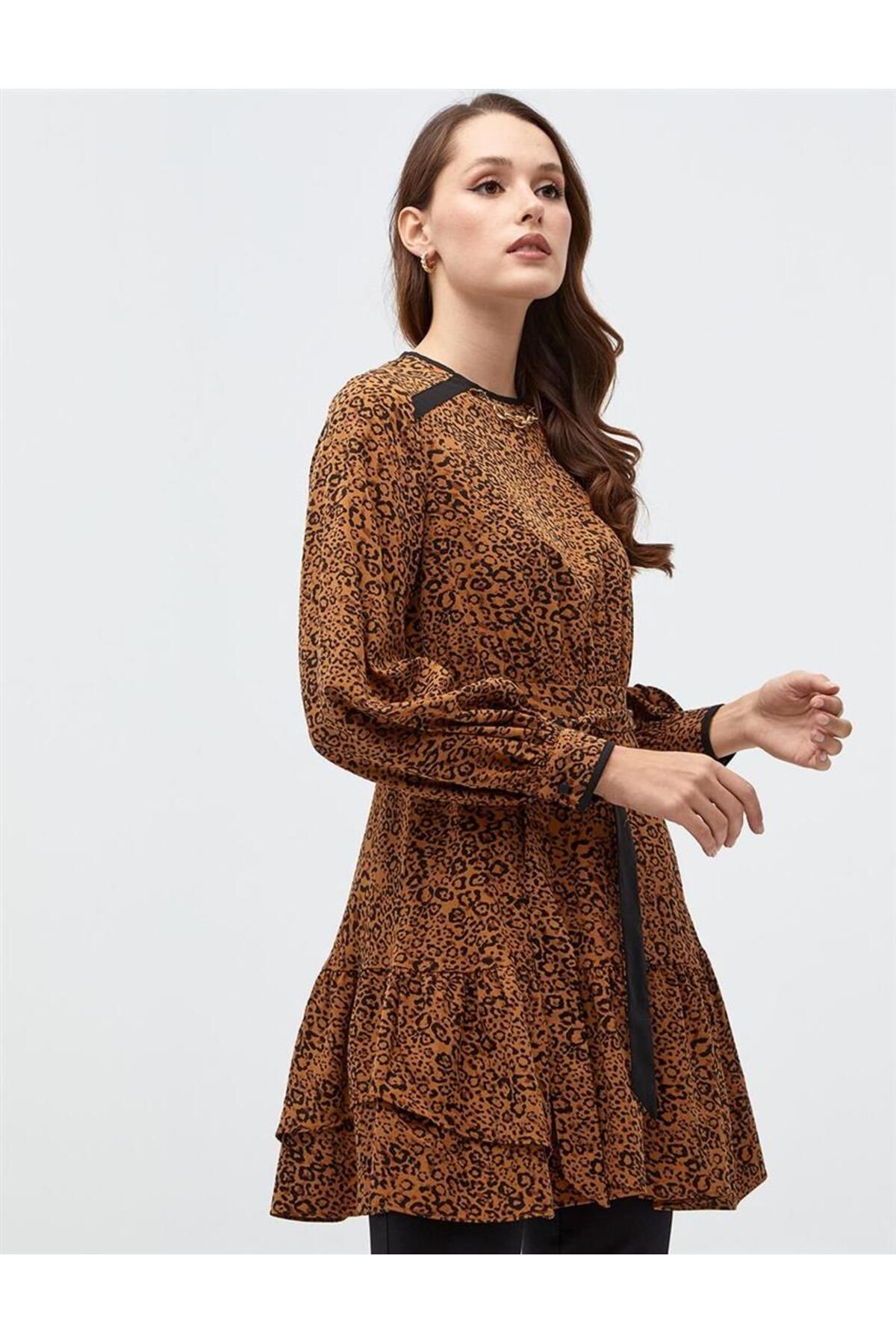 Katlı Animal Print Camel Tunik Katlı Animal Print Camel Tunik