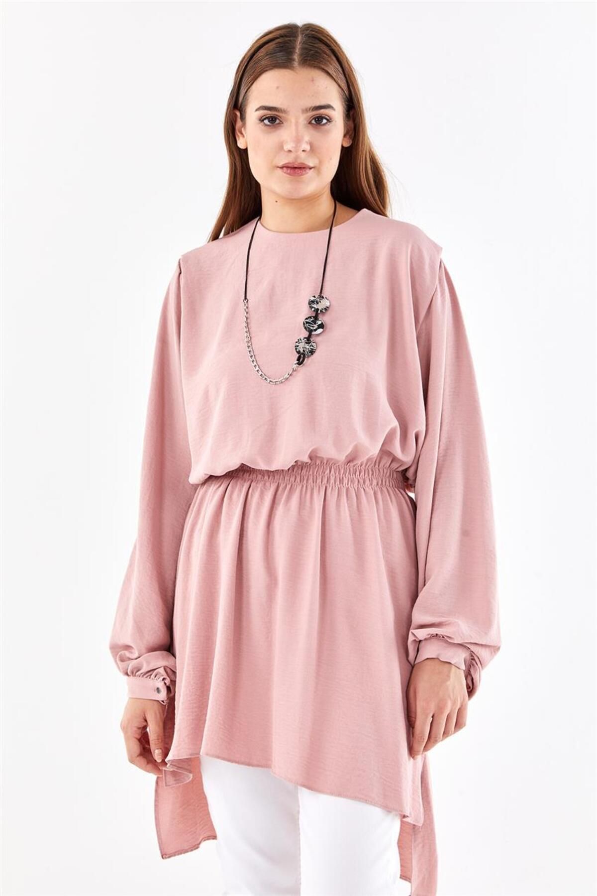 Kolye Aksesuarlı Beli Lastikli Pembe Tunik Kolye Aksesuarlı Beli Lastikli Pembe Tunik