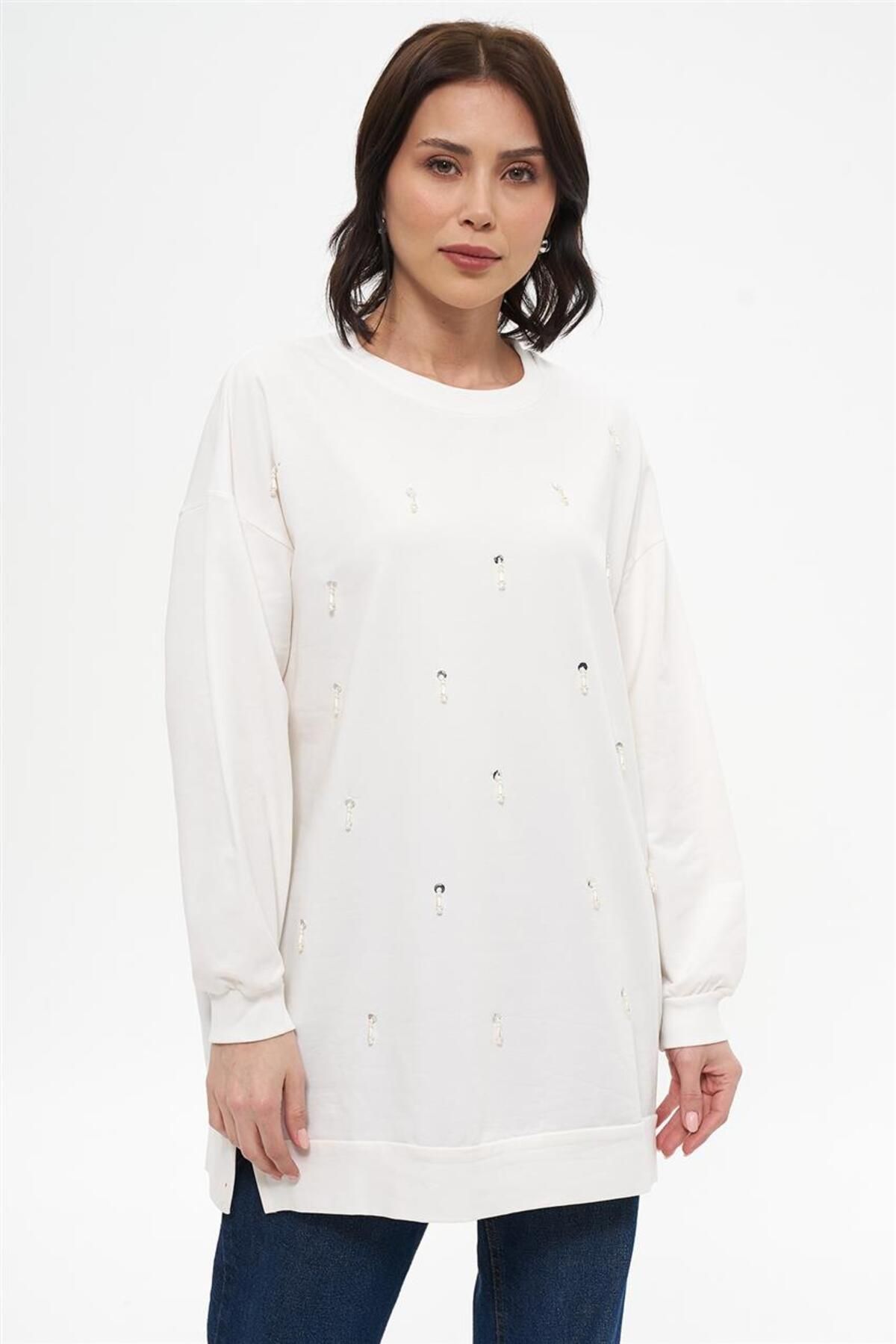 Küçük Incili Sallamalı Ekru Tunik Küçük Incili Sallamalı Ekru Tunik