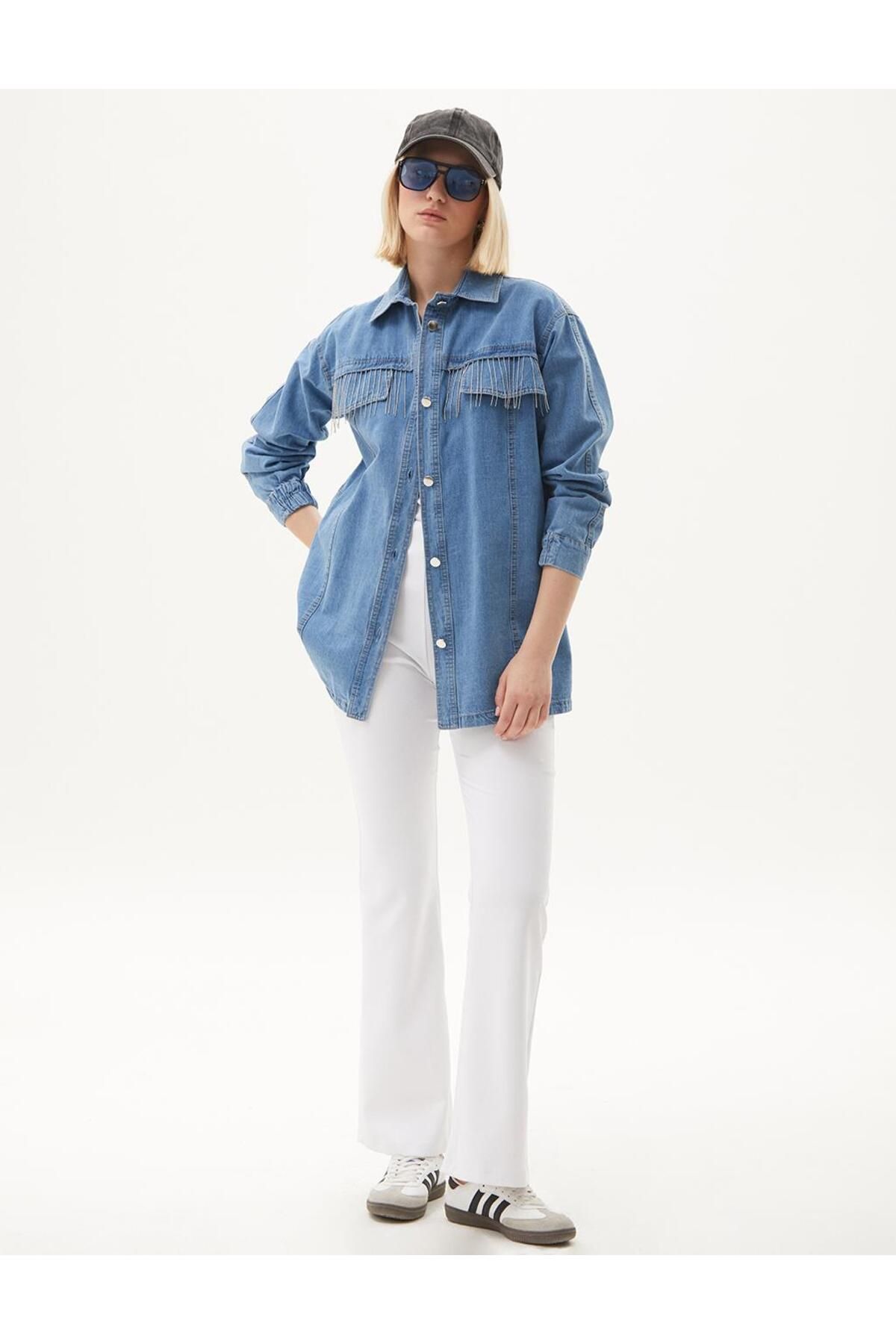 Püskül Detaylı Denim Ceket Mavi Püskül Detaylı Denim Ceket Mavi