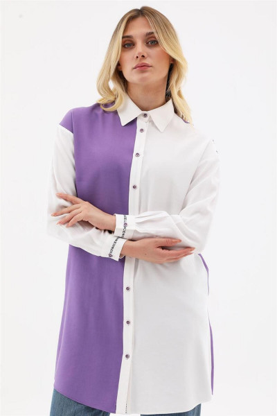 Yazı Nakışlı Kontrast Mor Gömlek Yazı Nakışlı Kontrast Mor Gömlek