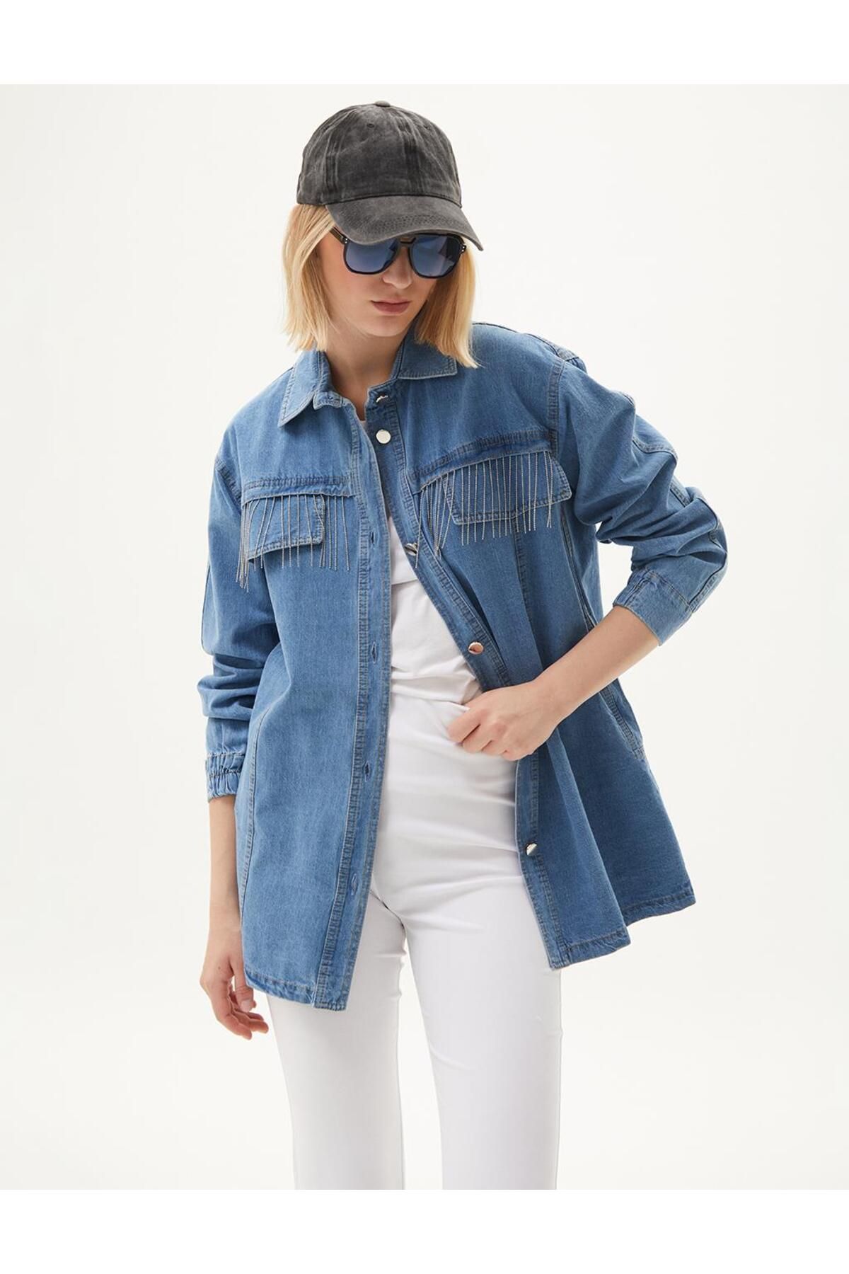 Püskül Detaylı Denim Ceket Mavi Püskül Detaylı Denim Ceket Mavi