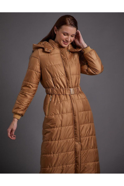 Kemerli Kapüşonlu Koyu Bej Anorak Mont Kemerli Kapüşonlu Koyu Bej Anorak Mont