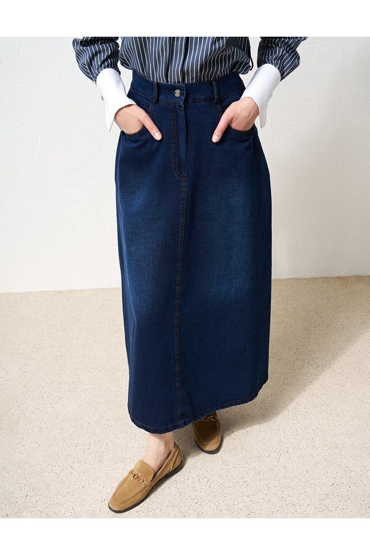 Yüksek Bel Denim Çan Etek Lacivert Yüksek Bel Denim Çan Etek Lacivert
