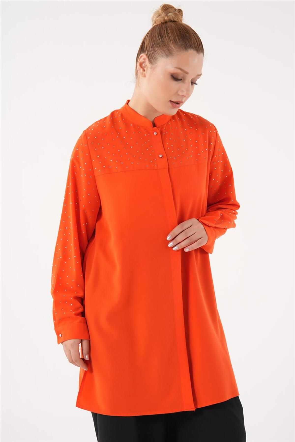 Yapıştırma Taşlı Mercan Tunik Yapıştırma Taşlı Mercan Tunik