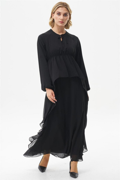 Yakası Tünelli Bağcıklı Siyah Elbise Yakası Tünelli Bağcıklı Siyah Elbise