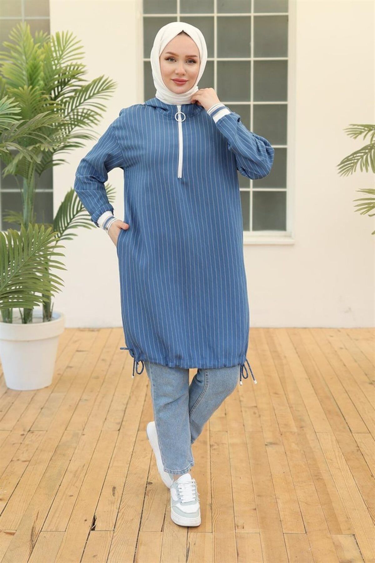 Kolları Ribanalı Kapüşonlu Indigo Tunik