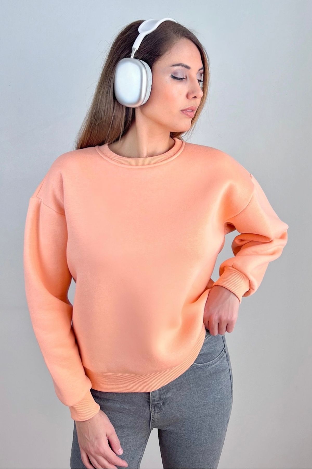 Kadın Cozy İçi Polarlı Somon Basic Bisiklet Yaka Pamuklu Kalın Örme Sweatshirt