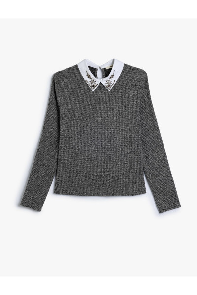 Taşlı Gömlek Yaka Bluz Uzun Kollu Slim Fit Taşlı Gömlek Yaka Bluz Uzun Kollu Slim Fit