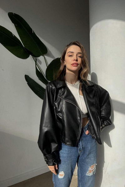 Oversize Kadın Siyah Balon Kol Bomber Deri Ceket