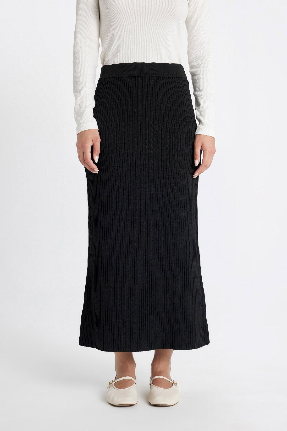 Regular Fit Basic Düz Maxi Siyah Triko Etek A1314ax24au